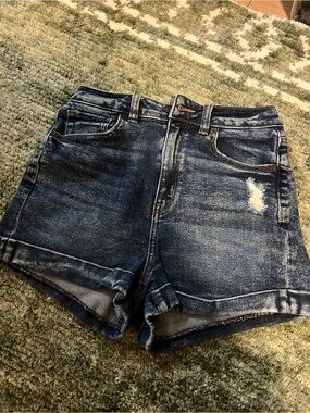 American Eagle Outfitters Dark Blue Distressed High-Rise Denim Shorts Size 00